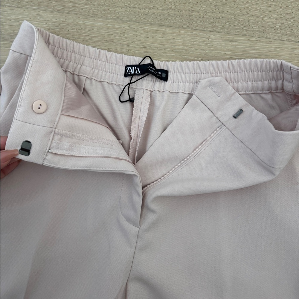 Zara Women’s Beige Cropped Wide-Leg Pants Elastic Waist Pockets M - Picture 2 of 5